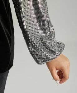 Sequin Patchwork V Neck Lantern Sleeve Sweatshirt -Clothing Shop 445028932 yc