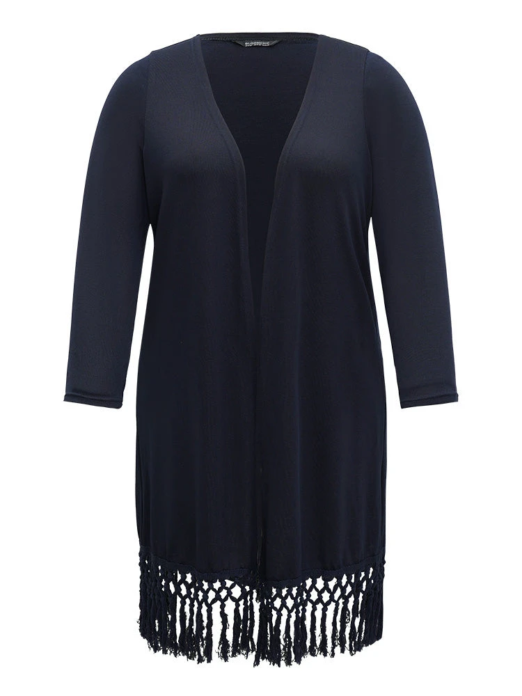 Plain Patchwork Open Front Tassel Trim Kimono 9 Plain Patchwork Open Front Tassel Trim Kimono - Image 7