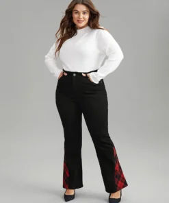 Flare Leg Plaid Patchwork Pocket Jeans -Clothing Shop 445251502 gb 786f6e1e 4390 44be b4ef a7445eb58395