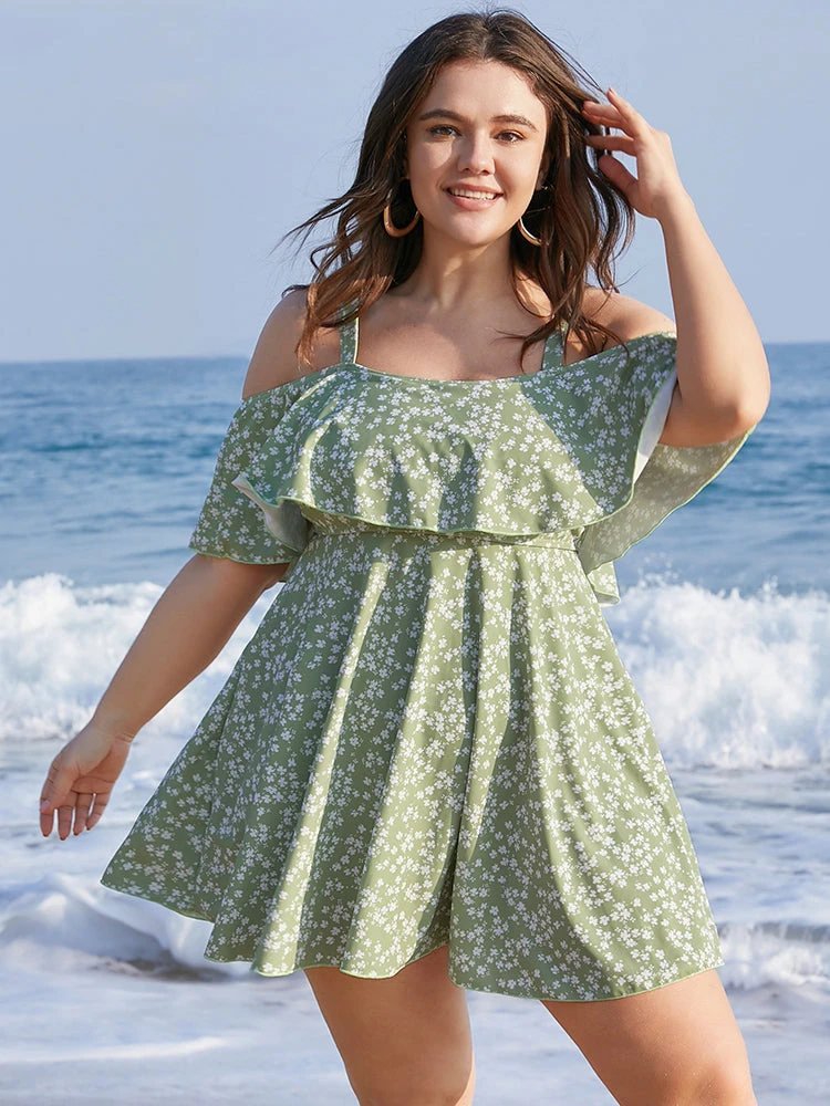 Ditsy Floral Cold Shoulder Sculpt Waist Ruffles Swim Dress 5 Ditsy Floral Cold Shoulder Sculpt Waist Ruffles Swim Dress - Image 3