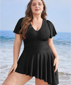 Plain Sculpt Waist Split Hem Ruffles Ruched Swim Dress -Clothing Shop 445343367 kh bda1b690 2d63 4e82 9170 aabf6a6bec56