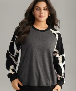 Graphic Print Raglan Sleeve Elastic Cuffs Sweatshirt -Clothing Shop 445397823 ej