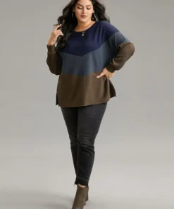 Colorblock Rib Knit Drop Shoulder Sweatshirt -Clothing Shop 445553969 ks