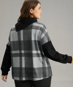 Plaid Patchwork Mock Neck Button Detail Sweatshirt -Clothing Shop 445583977 li