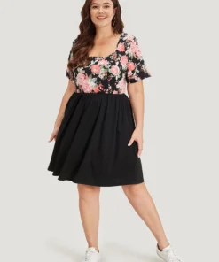 Supersoft Essentials Floral Print Patchwork Square Neck Dress