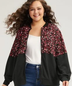 Ditsy Floral Patchwork Zipper Elastic Cuffs Jacket