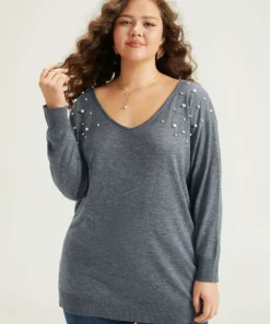 Supersoft Essentials Heather Pearl Beaded V Neck Pullover