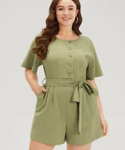Plain Pocket Belted Button Through Jumpsuit