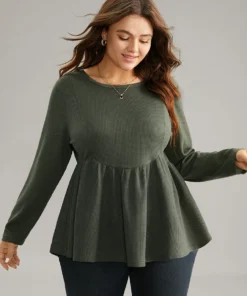 Plain Round Neck Waffle Knit Gathered T-shirt