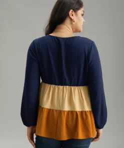 Colorblock Contrast Gathered Ruffle Layered Hem Blouse -Clothing Shop 447717286 ce