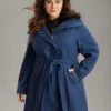 Plain Fuzzy Trim Zipper Belted Woolen Coat -Clothing Shop 448748613 xt