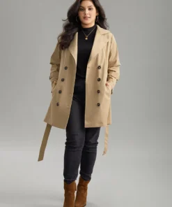 Plain Double Breasted Lapel Collar Belted Trench Coat -Clothing Shop 448857288 kf