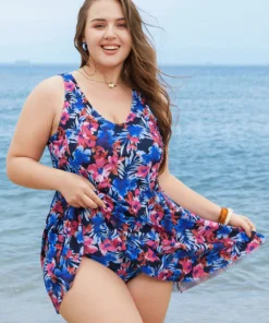 Floral Print Ruffles Sculpt Waist A Line Swim Dress -Clothing Shop 449164870 wf