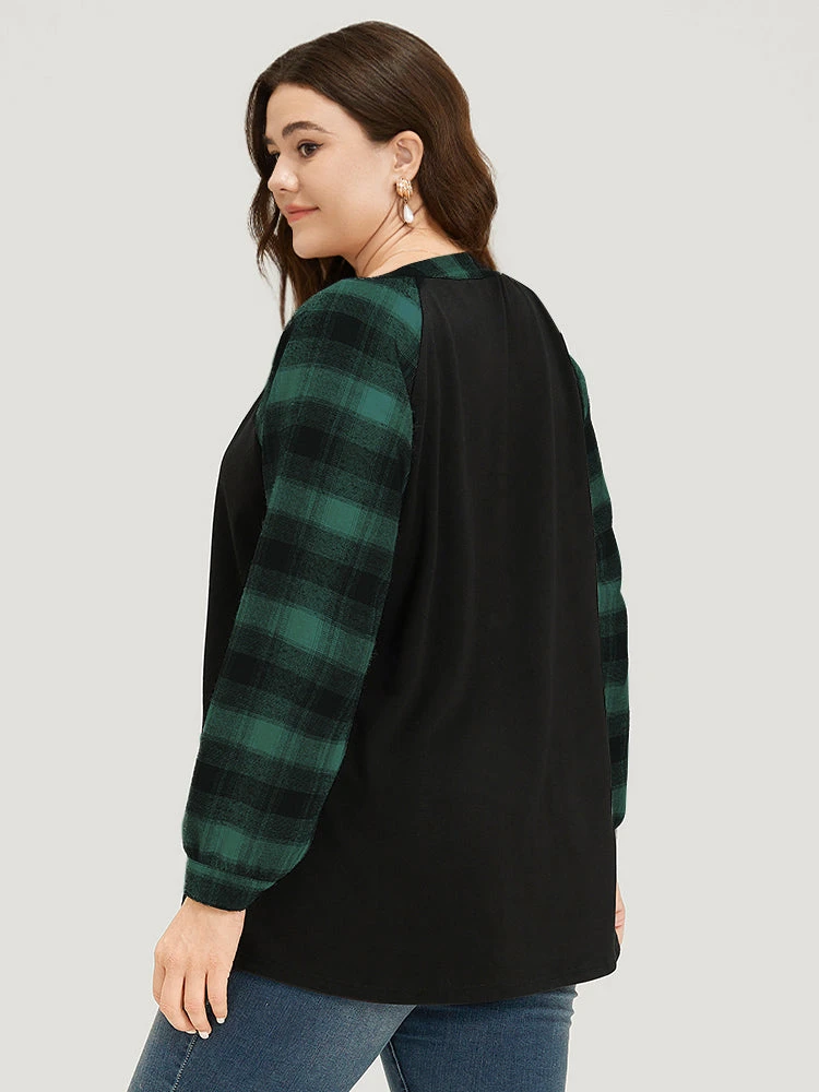 Plaid Patchwork Notched Button Detail Sweatshirt 14 Plaid Patchwork Notched Button Detail Sweatshirt - Image 12