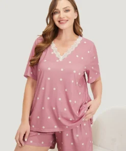 Polka Dot V Neck Lace Trim Sleep Top -Clothing Shop 449764745 lk