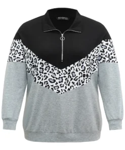 Leopard Contrast Patchwork Half Zip Sweatshirt -Clothing Shop 450016996 nr