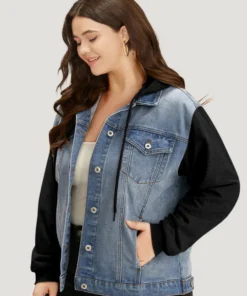Hooded Patchwork Flap Pocket Denim Jacket -Clothing Shop 450053400 cs