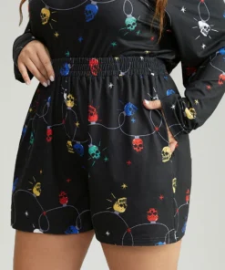 Christmas Skull Print Elastic Waist Sleep Shorts -Clothing Shop 450332837 ui