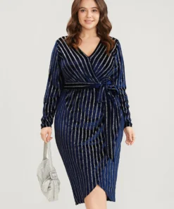 Glitter Striped Wrap Belted Velvet MIdi Dress -Clothing Shop 450363039 uq
