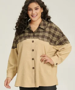 Plaid Button Through Patchwork Contrast Jacket -Clothing Shop 450518991 xz