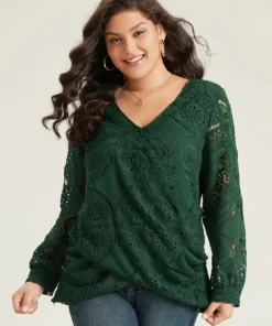 Plain Embroidered Guipure Lace Wrap Blouse -Clothing Shop 450943677 fc