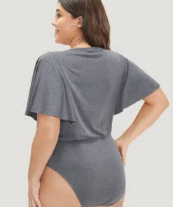 Plain Button Detail Flutter Sleeve Bodysuit -Clothing Shop 451126284 kb