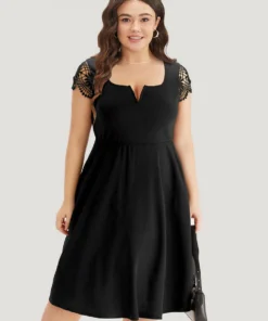 Solid Notched Pocket Cut Out Patchwork Dress -Clothing Shop 451135358 mm