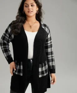 Plaid Patchwork Patched Pocket Raglan Sleeve Cardigan -Clothing Shop 451445962 ss