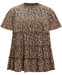 Ditsy Floral Frill Trim Shirred Mock Neck Blouse -Clothing Shop 45160020 xb