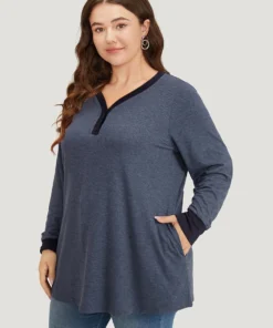 V Neck Button Up Contrast Elastic Cuffs Pocket T-shirt -Clothing Shop 452181792 kp