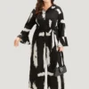 Brush Print Button Up Belted Bell Sleeve Jumpsuit 1 Brush Print Button Up Belted Bell Sleeve Jumpsuit -Clothing Shop 452642989 es