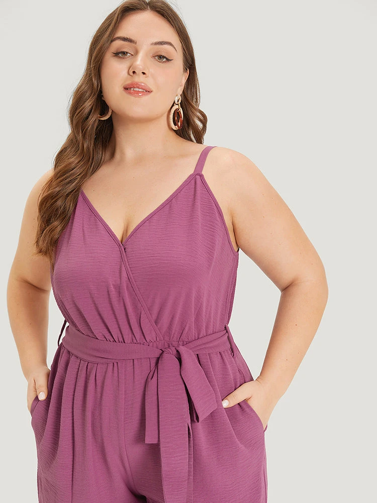 Plain Split Front Pocket Surplice Neck Belted Jumpsuit 7 Plain Split Front Pocket Surplice Neck Belted Jumpsuit - Image 5