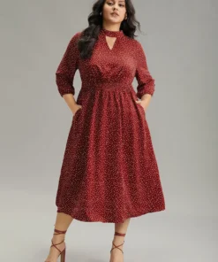 Polka Dot Keyhole Pocket Mock Neck Dress