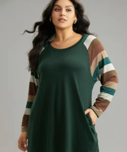 Striped Colorblock Contrast Pocket Raglan Sleeve T-shirt