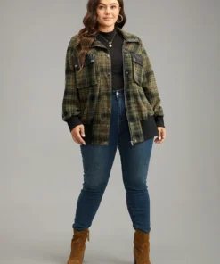 Plaid Flap Pocket Zipper Fly Jacket -Clothing Shop 45364543 ud