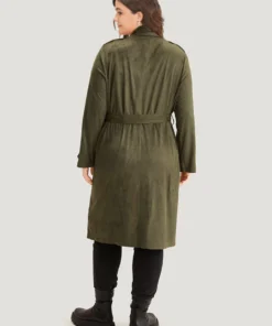 Plain Lapel Collar Pocket Belted Faux Suede Coat -Clothing Shop 454034423 se