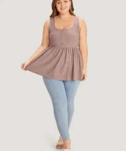 Plain Broderie Anglaise Gathered Button Detail Tank Top -Clothing Shop 454184588 ut