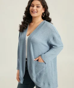 Plain Waffle Knit Pocket Asymmetrical Hem Cover Up -Clothing Shop 454301039 gv