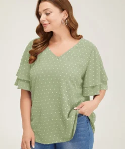 Plain Ruffle Tiered Sleeve V Neck Polka Dot Blouse 31 Plain Ruffle Tiered Sleeve V Neck Polka Dot Blouse -Clothing Shop 454568224 hj 50fb952a 06e3 439c 8205 6d3c9547d674