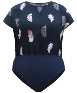 Feather Print Keyhole Batwing Sleeve Bodysuit -Clothing Shop 454977398 vv