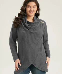 Waffle Knit Cowl Neck Wrap Hem T-shirt -Clothing Shop 45502511 vg 14e93bb7 896a 43d5 86c6 e55c5f5fdd31