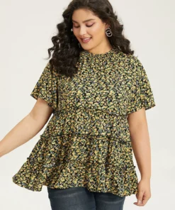 Ditsy Floral Frill Trim Shirred Mock Neck Blouse -Clothing Shop 455770910 uq 9d8b7a1a 866b 42f2 a2e8 140876c7048d