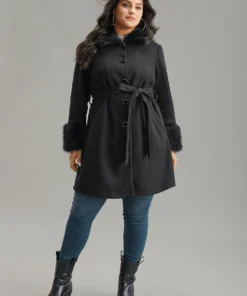 Solid Fuzzy Trim Button Through Belted Coat -Clothing Shop 456022948 mt 9236717d a9f9 4029 82c2 b06b01b50259