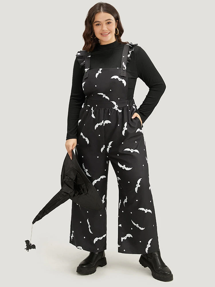 Halloween Bat Print Pocket Frill Trim Gathered Jumpsuit 4 Halloween Bat Print Pocket Frill Trim Gathered Jumpsuit - Image 2