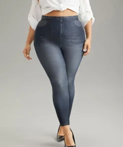 Denim Effect Print Pocket High Rise Leggings -Clothing Shop 456324174 lz