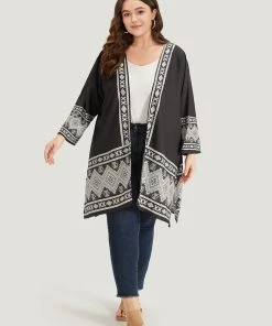 Boho Print Open Front Pocket Split Hem Kimono -Clothing Shop 456326355 vp