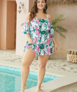 Tropical Adjustable Straps Cold Shoulder Ruffles Trim Swim Dress -Clothing Shop 45752299 wh