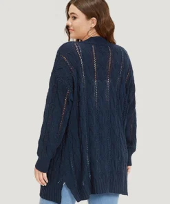 Plain Button Up Cable Knit Split Side Cardigan -Clothing Shop 458247706 li