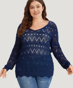 Geometric Eyelet Scalloped Trim Drop Shoulder Pullover 15 Geometric Eyelet Scalloped Trim Drop Shoulder Pullover -Clothing Shop 458311681 pd