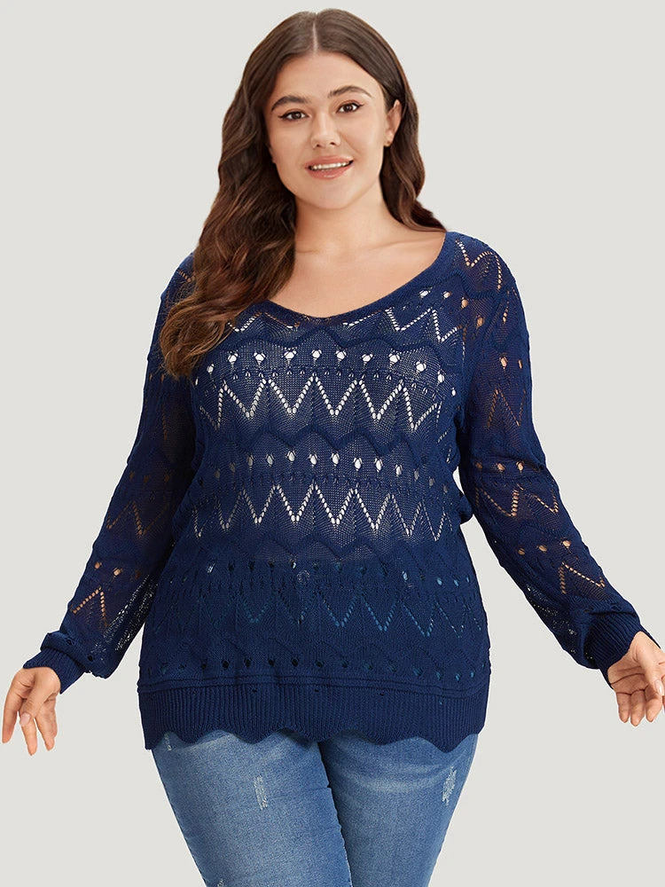 Geometric Eyelet Scalloped Trim Drop Shoulder Pullover 7 Geometric Eyelet Scalloped Trim Drop Shoulder Pullover - Image 5